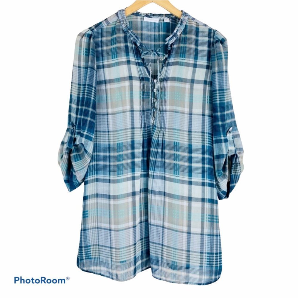 NEW YORK & CO. Blue Plaid Button Placket Tunic Top Small